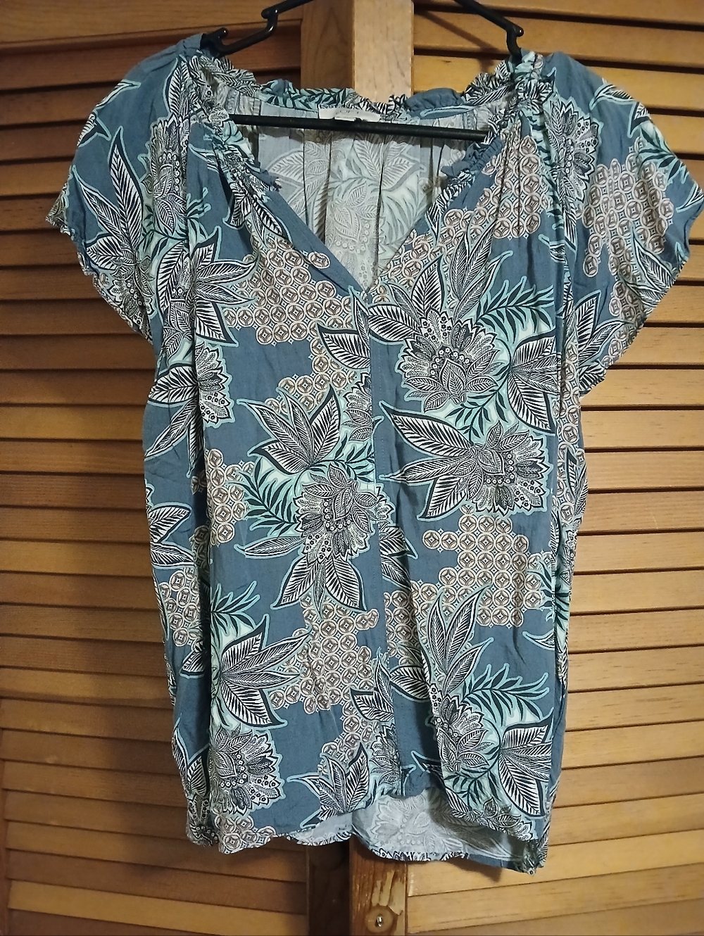 LOFT Navy Floral Sheer V-Neck Blouse